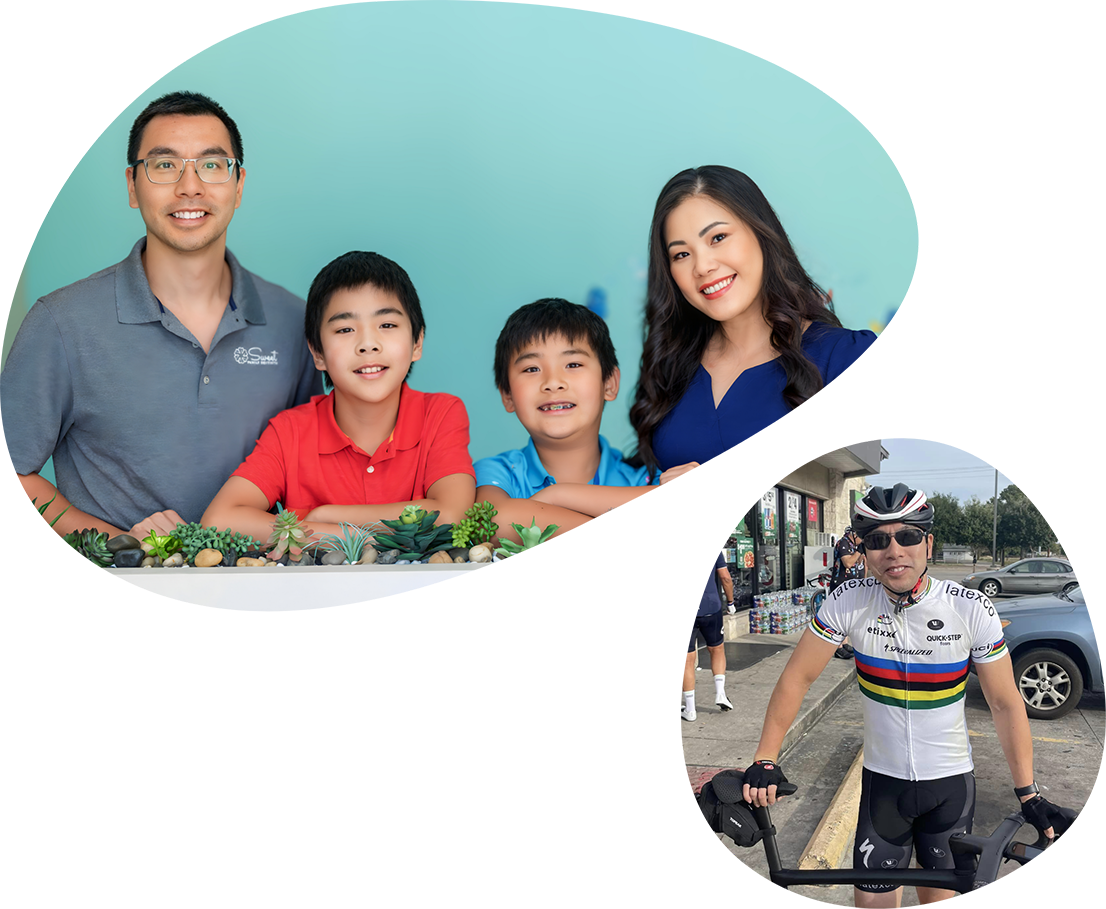 Dr Derek Chan with his family and in cycling gear